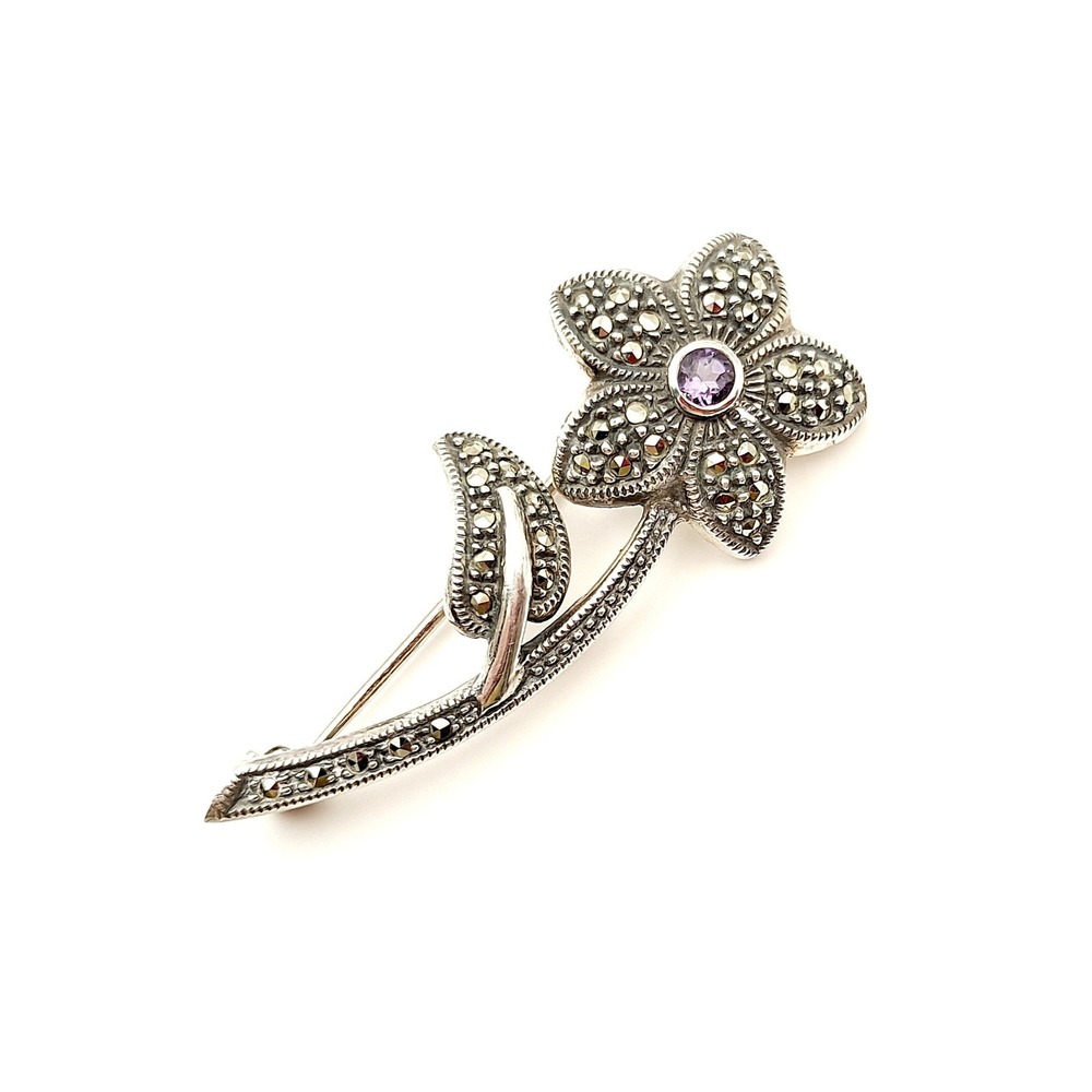 Vintage Judith Jack Sterling Silver Flower Brooch Purple Stone Marcasite Jewelry